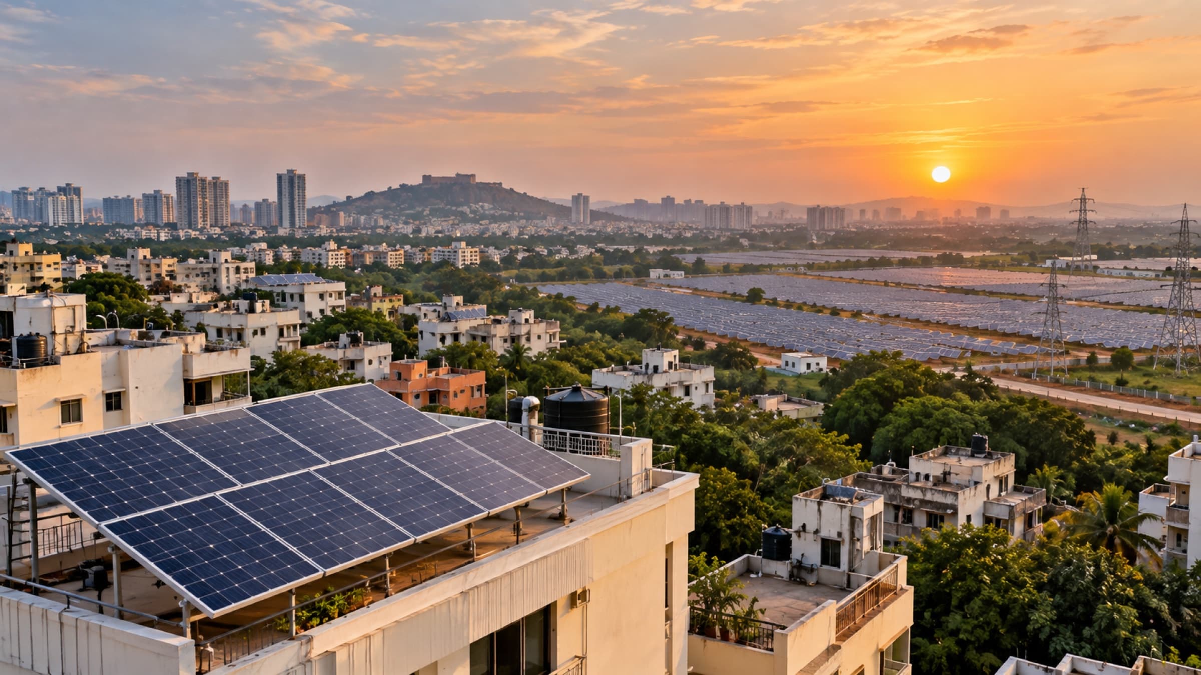 A rooftop solar array on an apartment block at sunset, with a city skyline and a solar field behind it